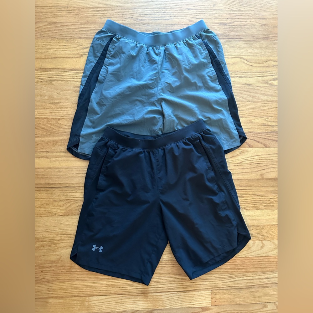 2 pairs Under Armour Men’s Launch 9” Short in Black and Dark Grey, size large.